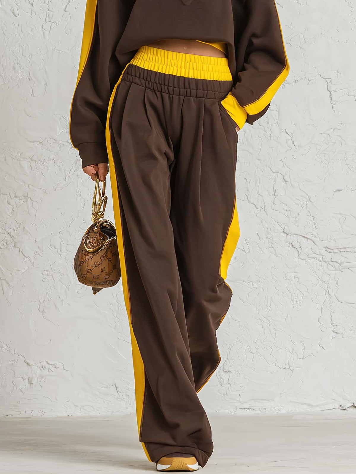 Retro Sportswear Dark Brown Cotton Stand-collar Top And Pants Set