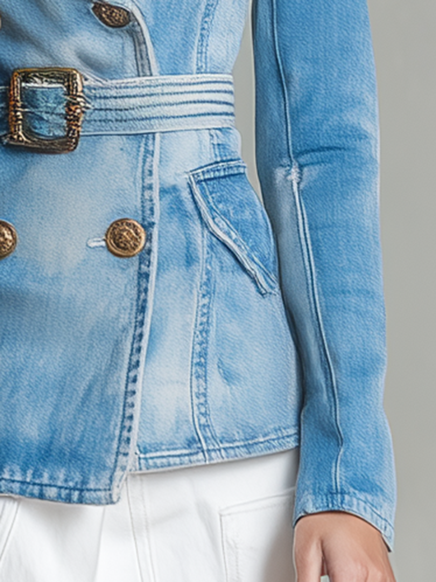 Women's Blue Denim Blazer Jacket Belted Double-Breasted Fitted Western