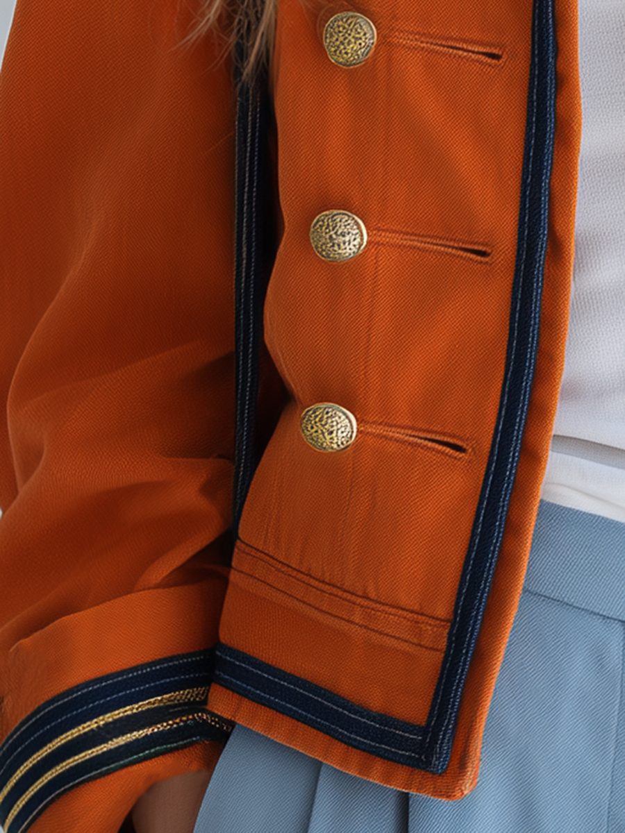 Women's Orange Military Jacket Double-Breasted Gold Button Oversized Band Coat
