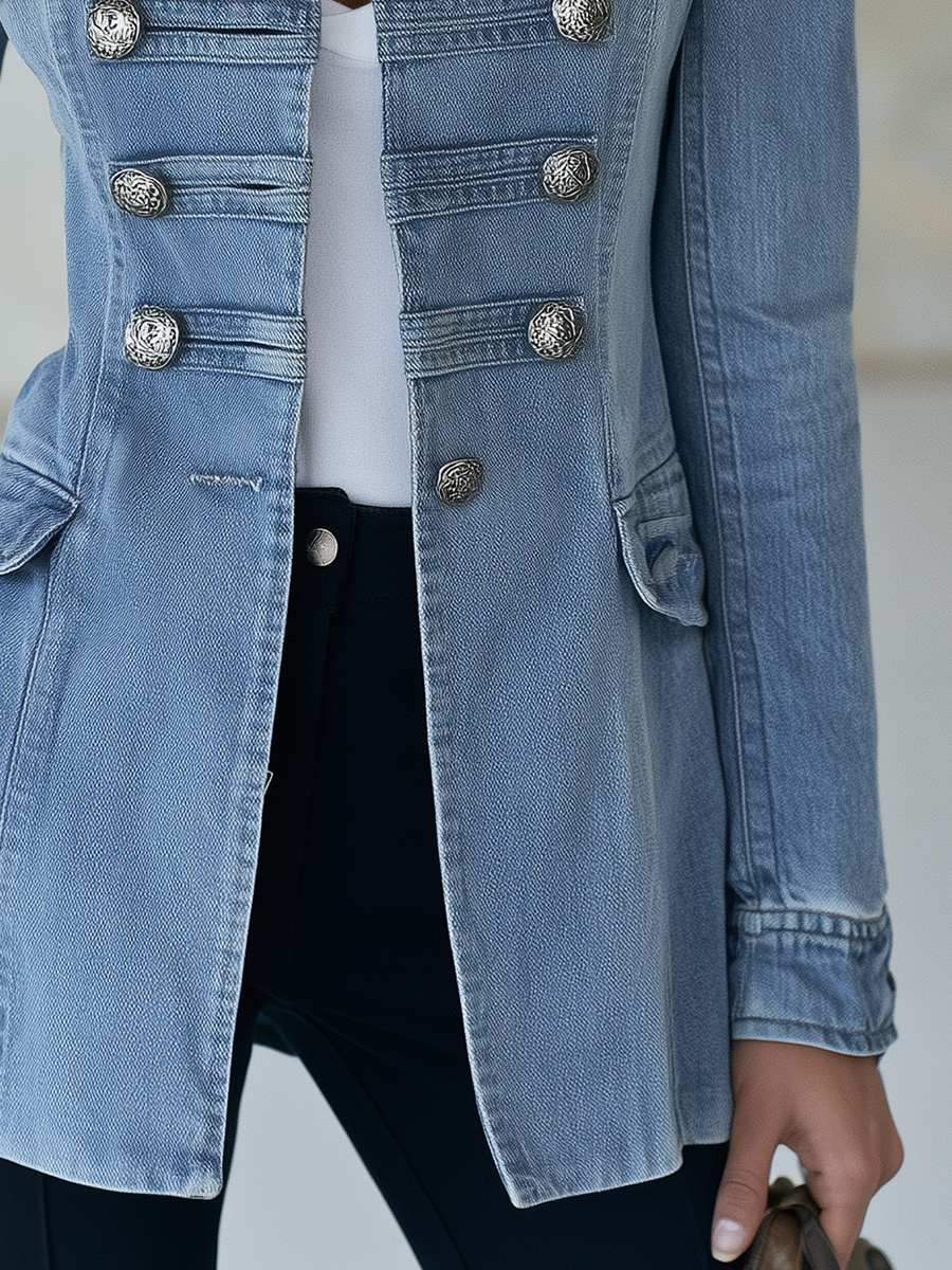 Women's Military Style Fitted Light Wash Denim Jacket With Decorative Buttons