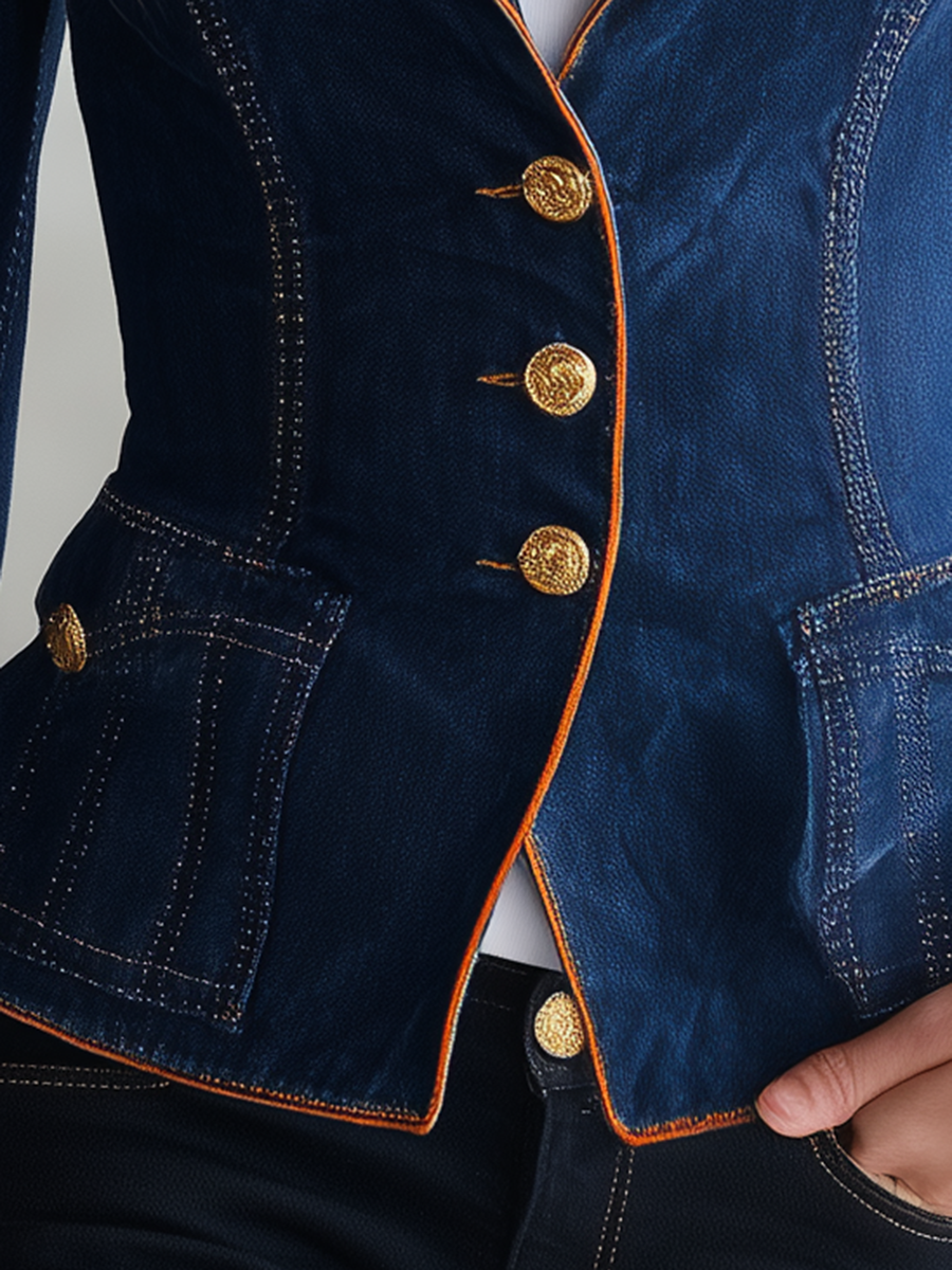Slim Fit Women's Denim Blazer Gold Buttons Contrasting Trim