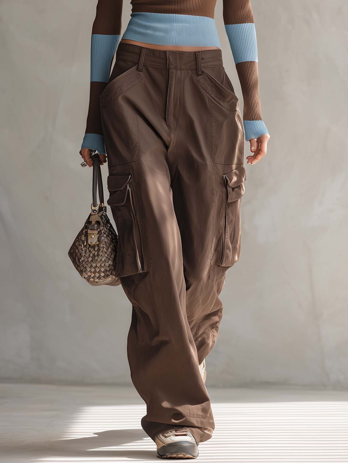 Y2K Retro Striped Cutout Turtleneck Knit Top & Cargo Pants Two Piece Set