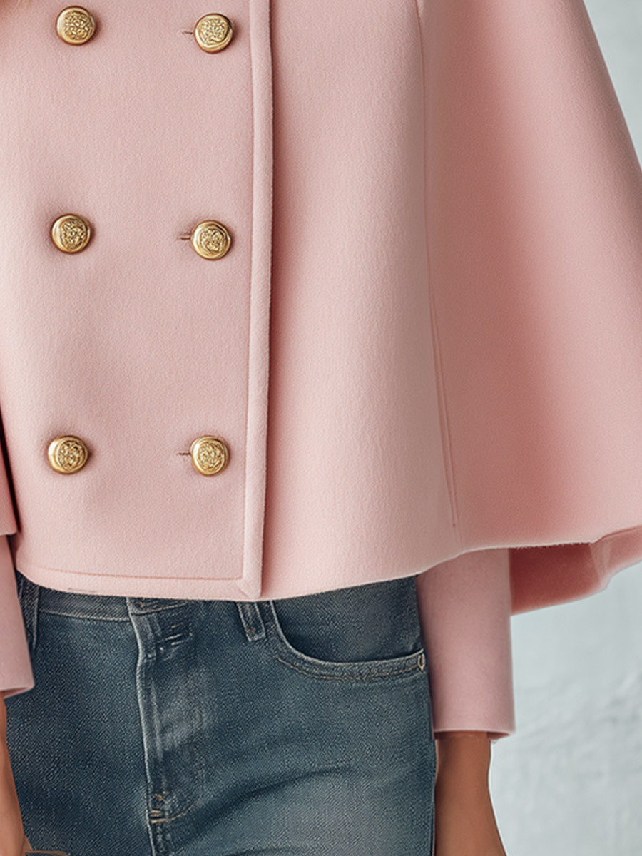 Women's Elegant Pink Double-Breasted Wool-Blend Cape Coat