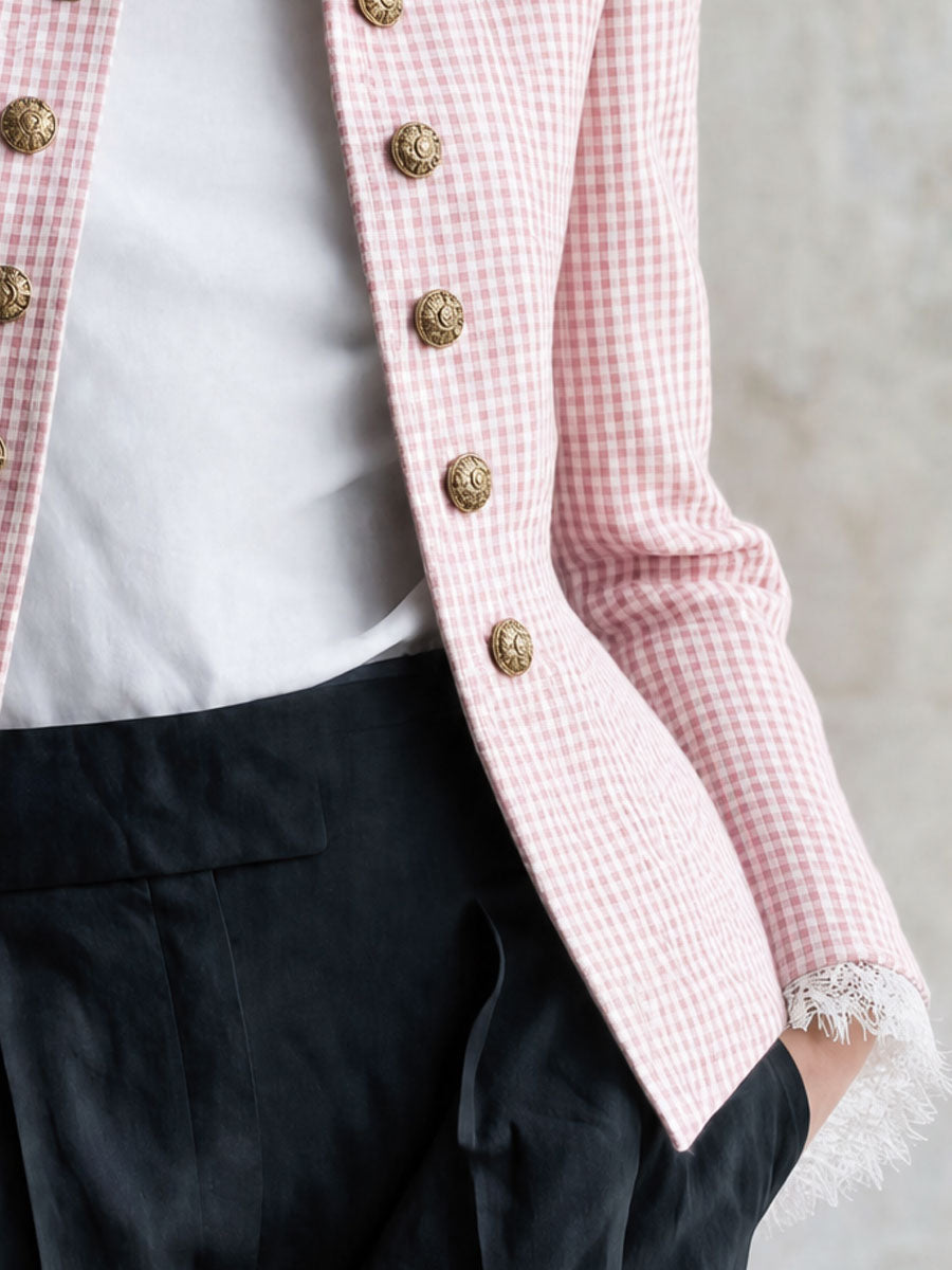 Retro Lace-trimmed Pink Plaid Double-breasted Cotton Jacket