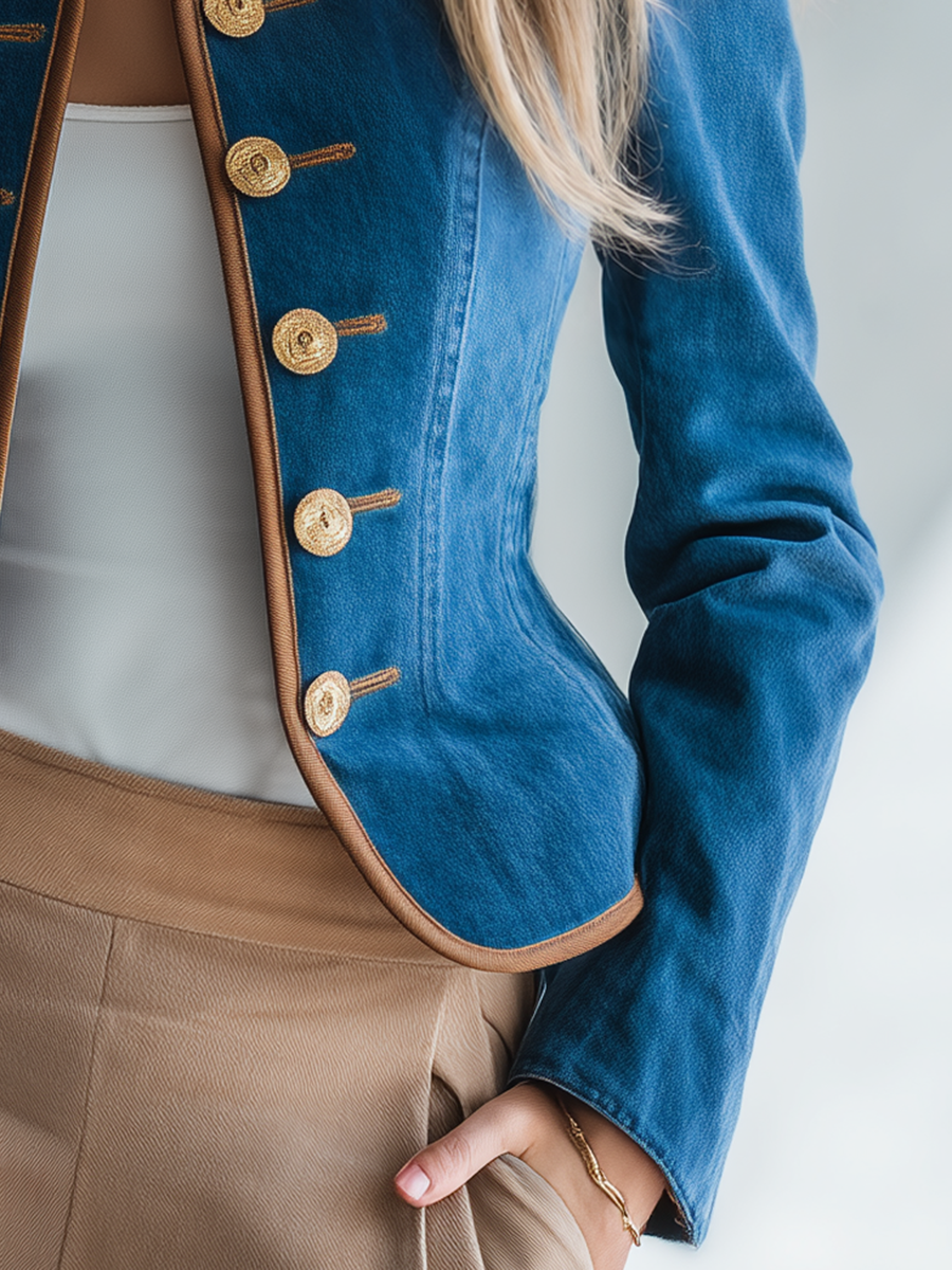 Women's Navy Denim Military Jacket Gold Button Fitted Cropped Officer Blazer