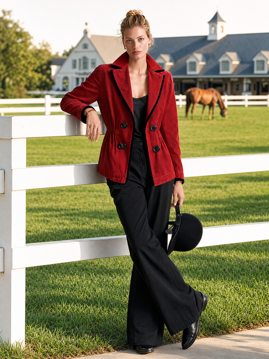Women’s Red Denim Fitted Blazer Jacket With Black Trim