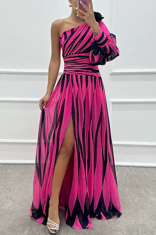 Stella & Grace™ |Elegant Striped Maxi Dress with One Shoulder