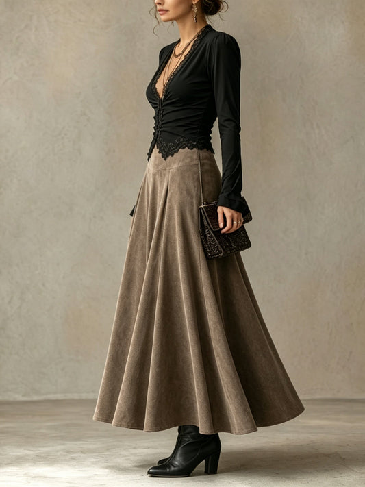 Abigail | Lace Top & Suede-Look Maxi Skirt Set