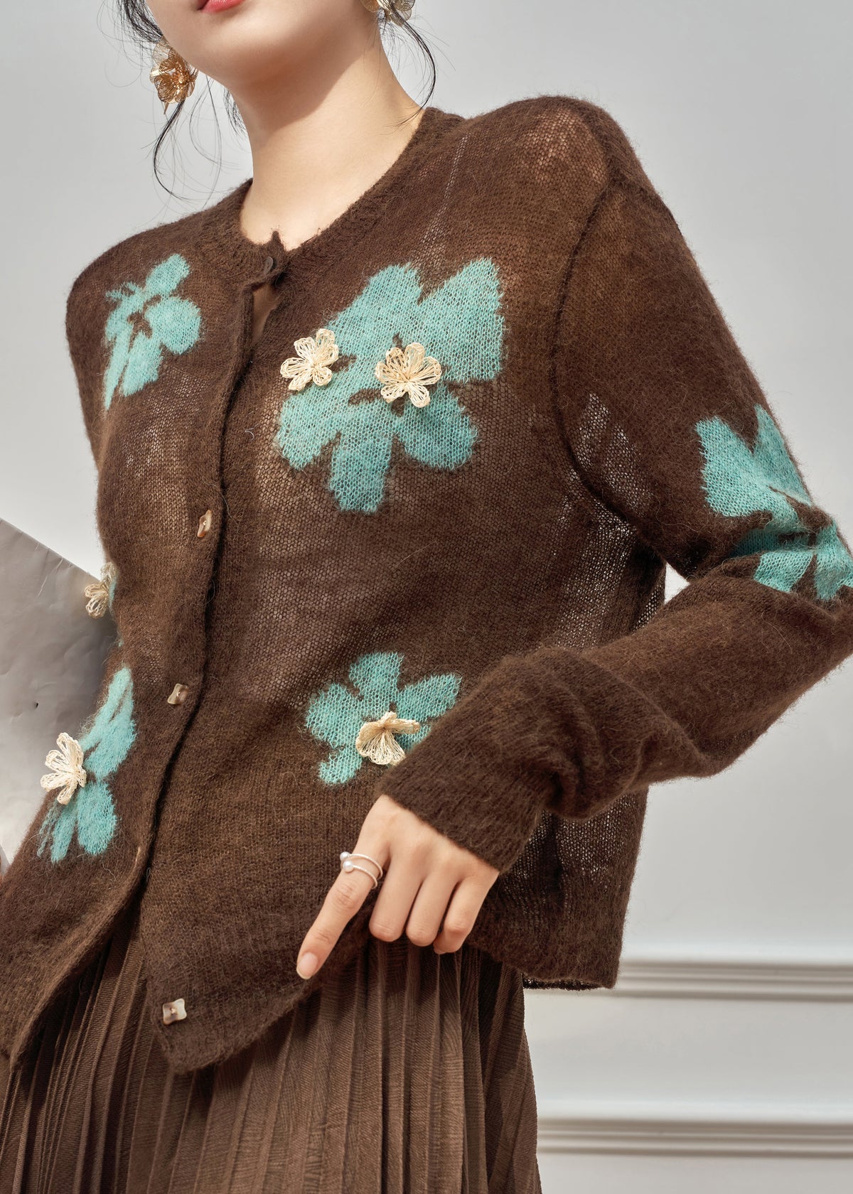 Boho Coffee O-Neck Patchwork Button Cotton Knit Cardigan Spring