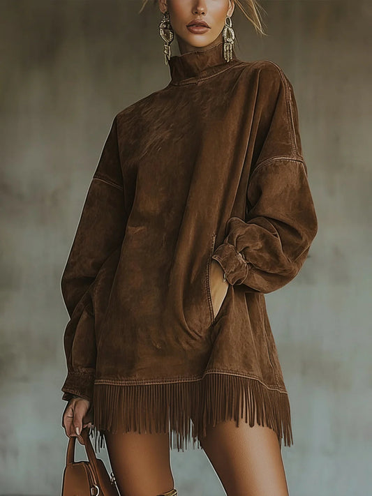 Darcie | Suede Dress with Fringes and Turtleneck