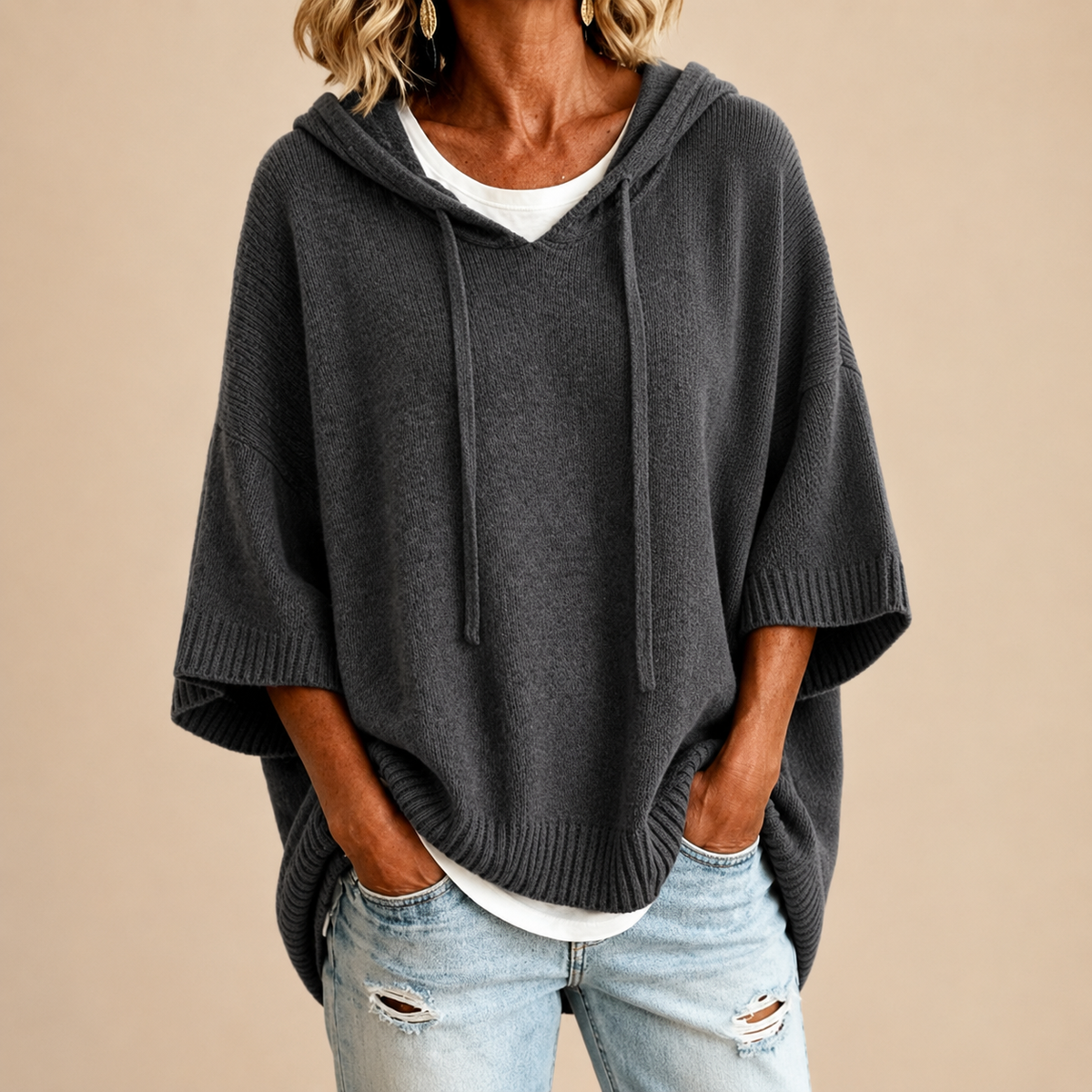 Olivia | Knit Poncho with Hood in Grey