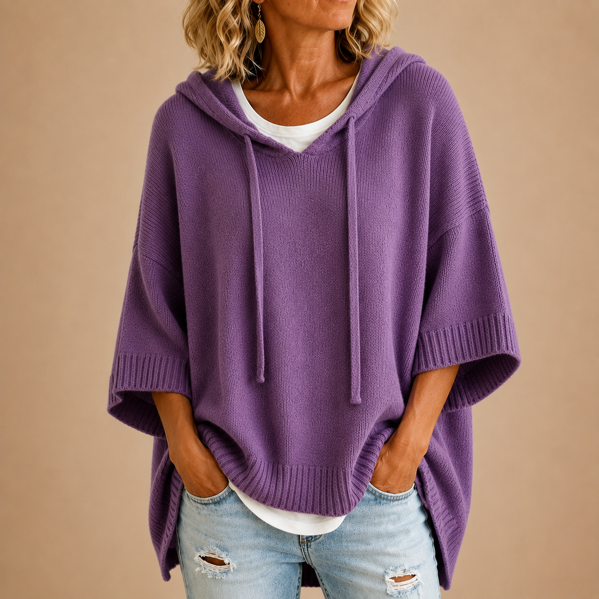 Elizabeth | Knit Poncho with Hood in Purple