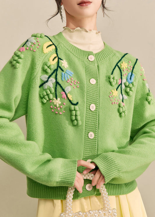 Elegant Green Embroidered Floral Button Cotton Knit Cardigans Spring