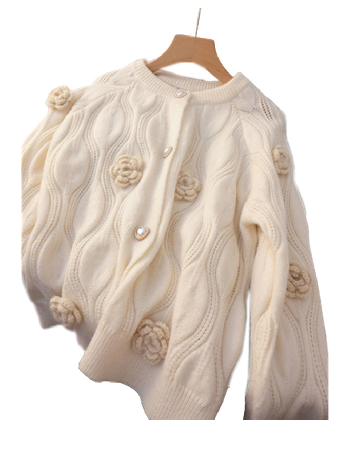 Loose Apricot Button Floral Cotton Knit Coats Long Sleeve