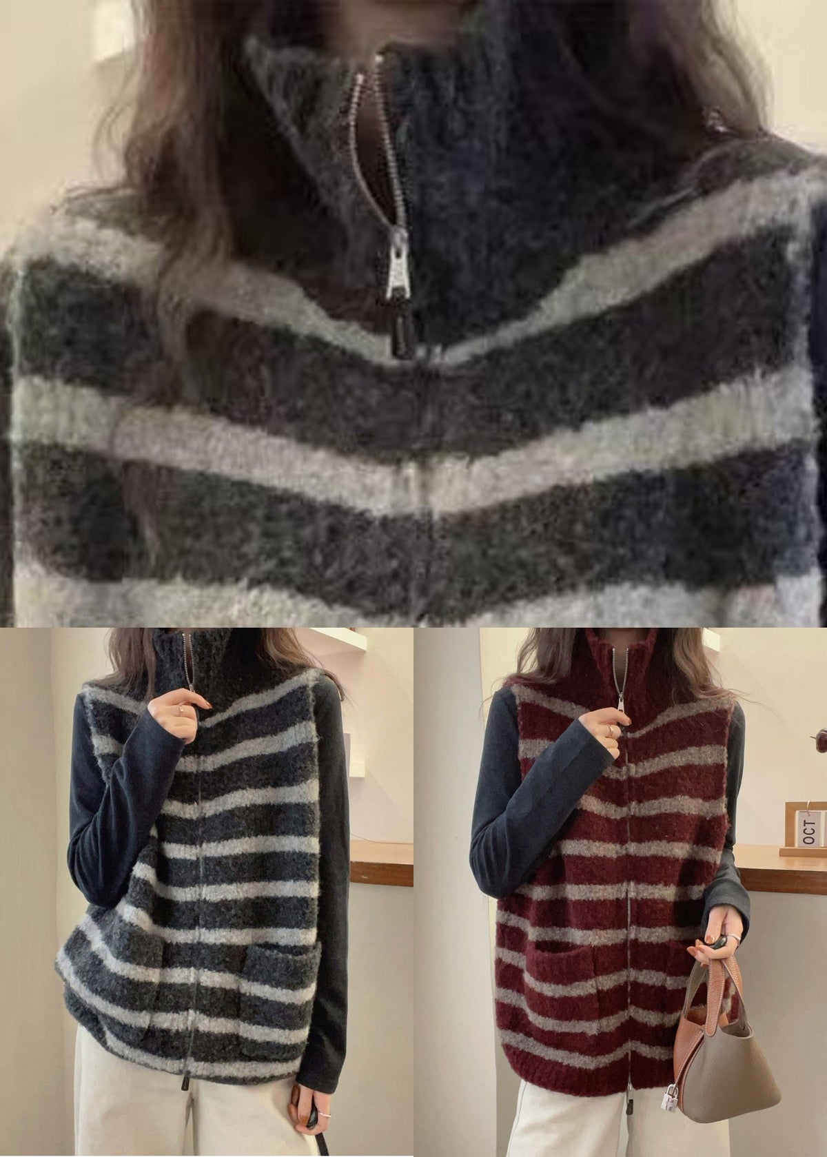 Red Pockets Patchwork Knit Sleeveless Waistcoat Zip Up