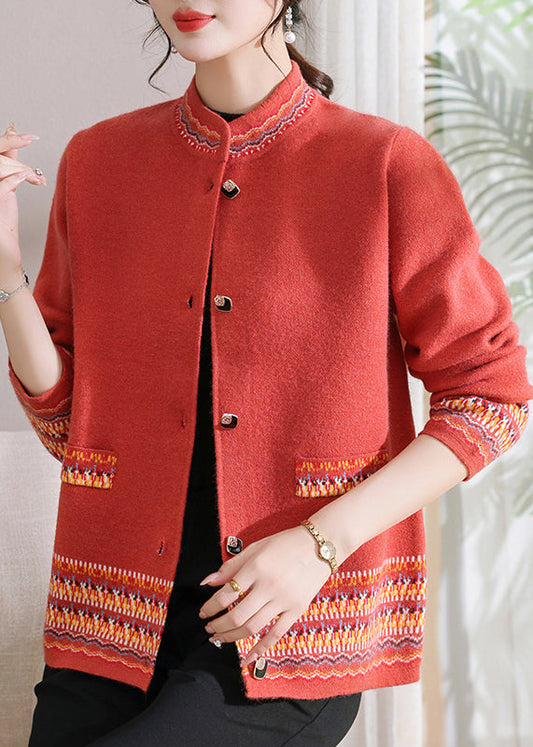 Stylish Blue Stand Collar Print Cotton Knit Cardigans Fall