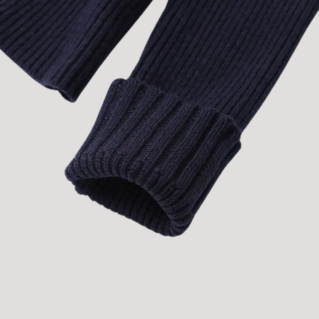 Navy Women's knit cardigan with denim trim