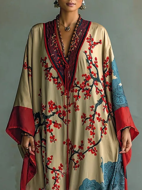 Japanese Red Plum Blossom Maxi Dress with Batwing Sleeves and Print