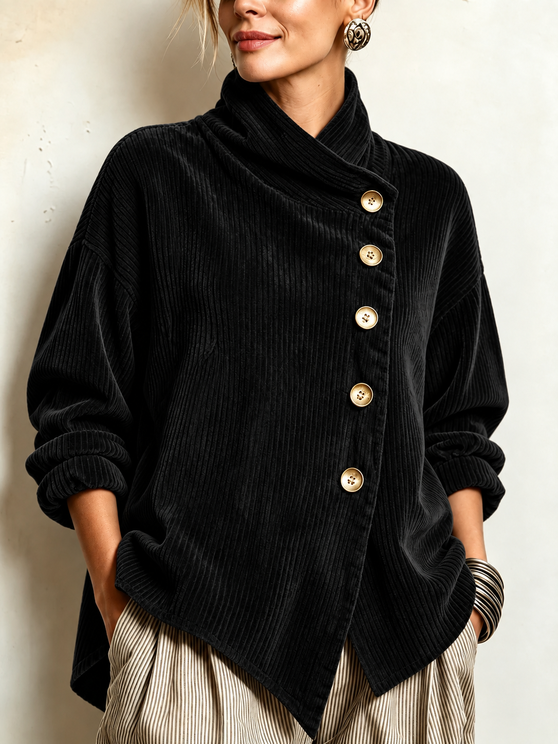 Olivia | The Corduroy Button-Up Top in Black