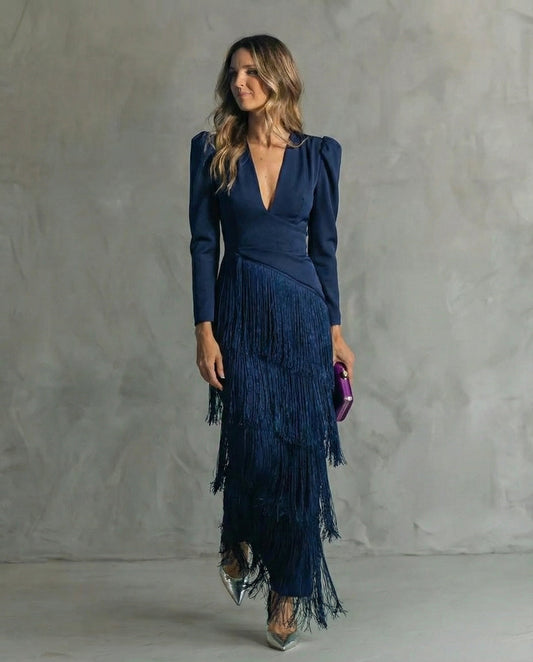 Elara™ | Elegant midi dress with fringe sleeves