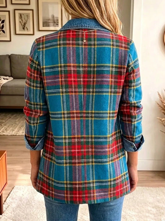 Grace | Women Tartan Plaid Denim Spliced Blazer