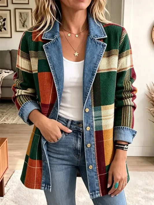 Ella | Retro Plaid Pattern Art Casual Denim Jacket