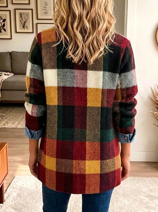 Isabella | Autumn Color Block Plaid Denim Jacket