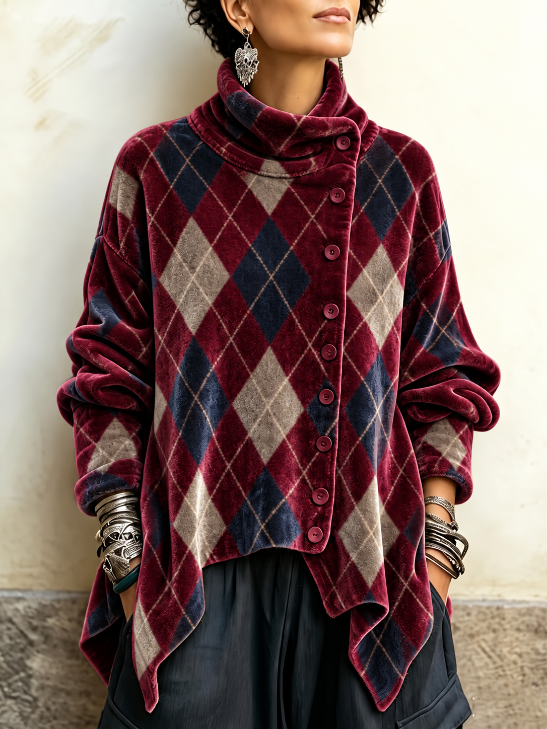 Burgundy Crushed Tunic with Funnel Neck