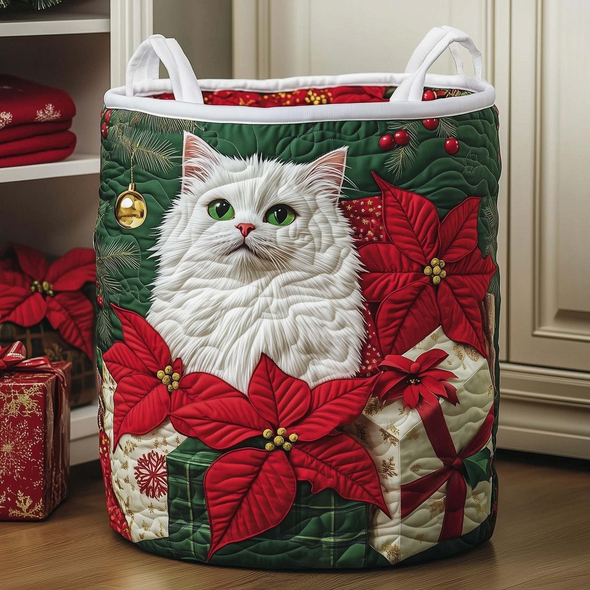 Poinsettia Snow Cat Laundry Basket - 2