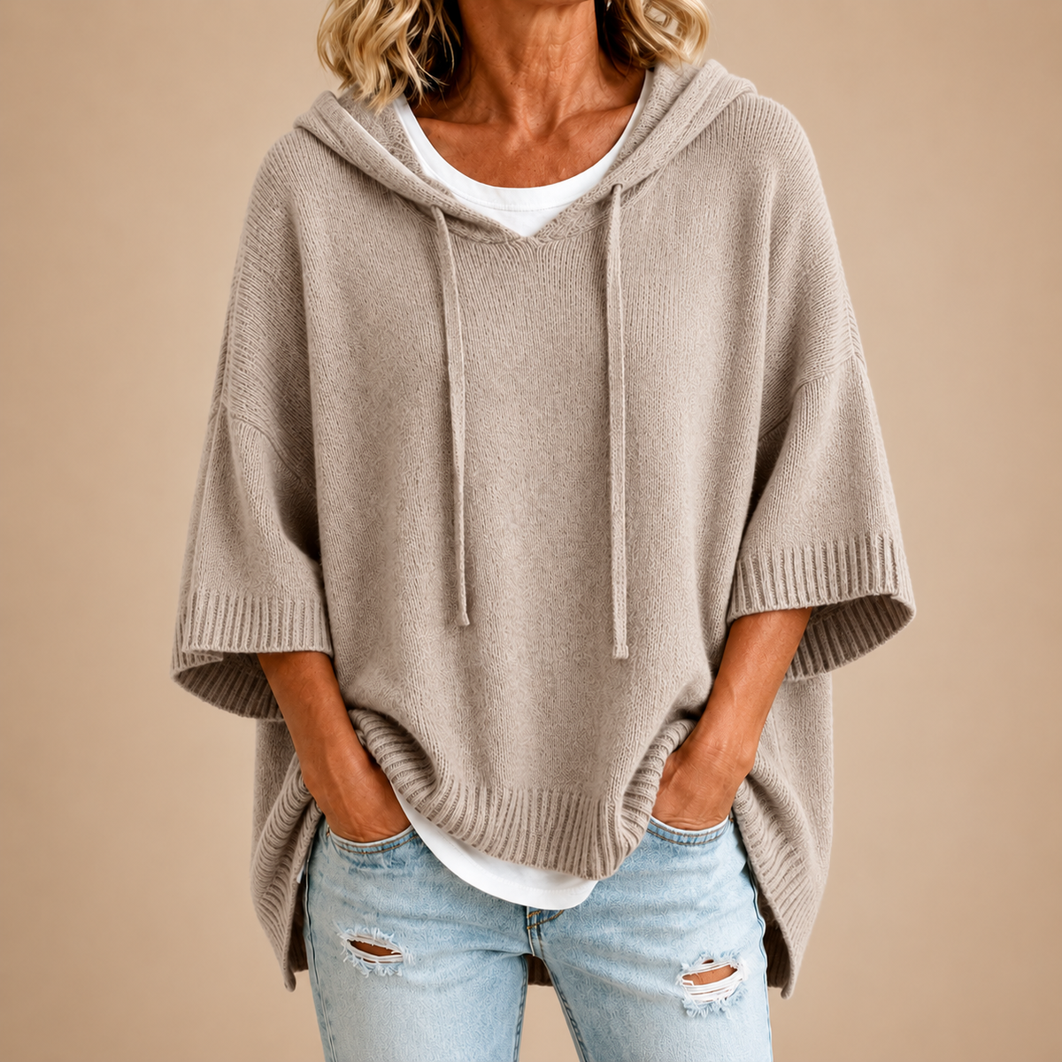 Harper | Knit Poncho with Hood in Mole