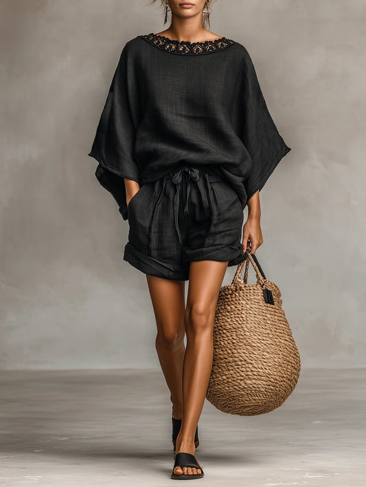 Luna Lace Boat Neck Blouse and Shorts Set