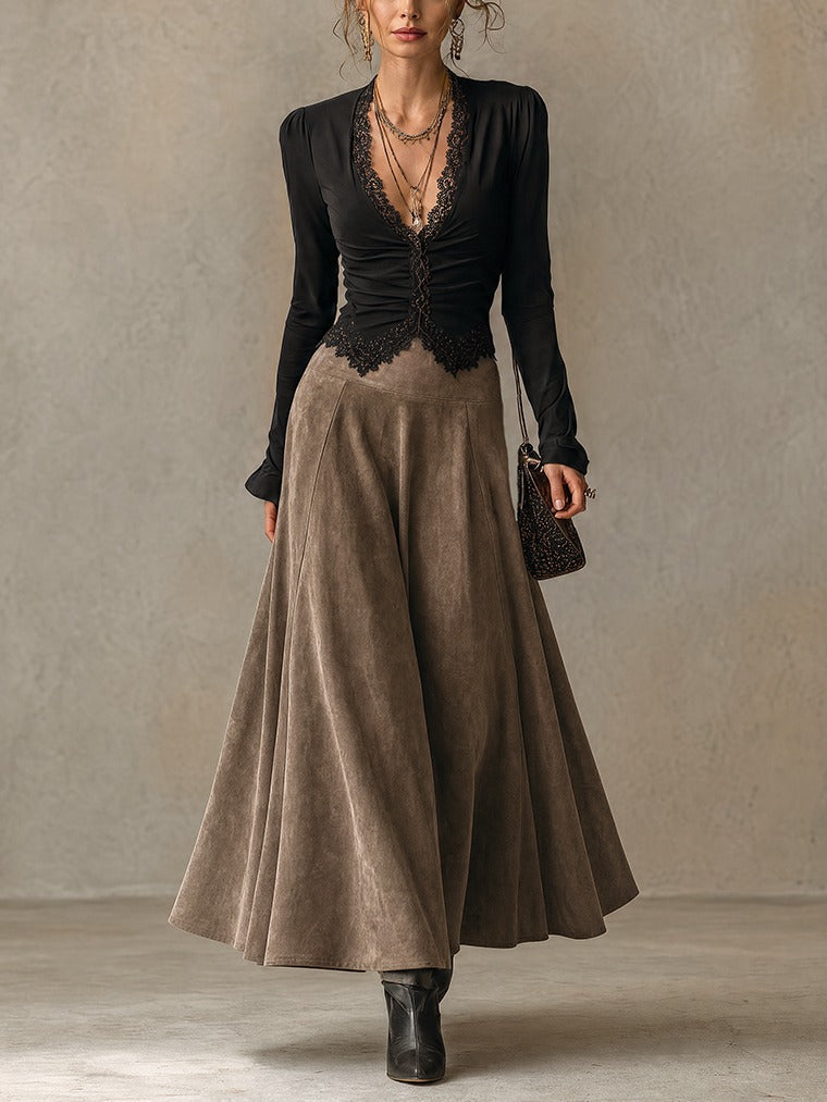 Abigail | Lace Top & Suede-Look Maxi Skirt Set