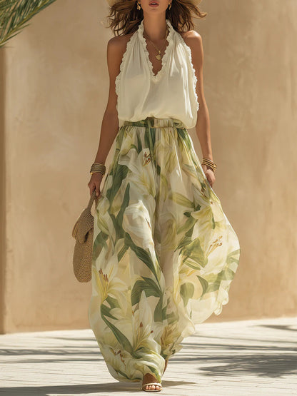 Camille | Chiffon Ruffled Sleeveless Top & Lily-Print Pants Set