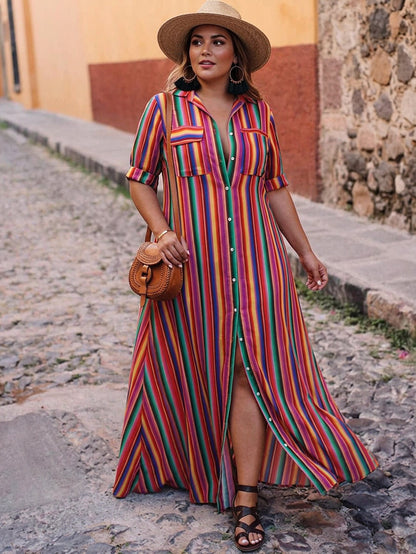 Nancy | Summer Casual Striped Printed Shirt Maxi Skirt