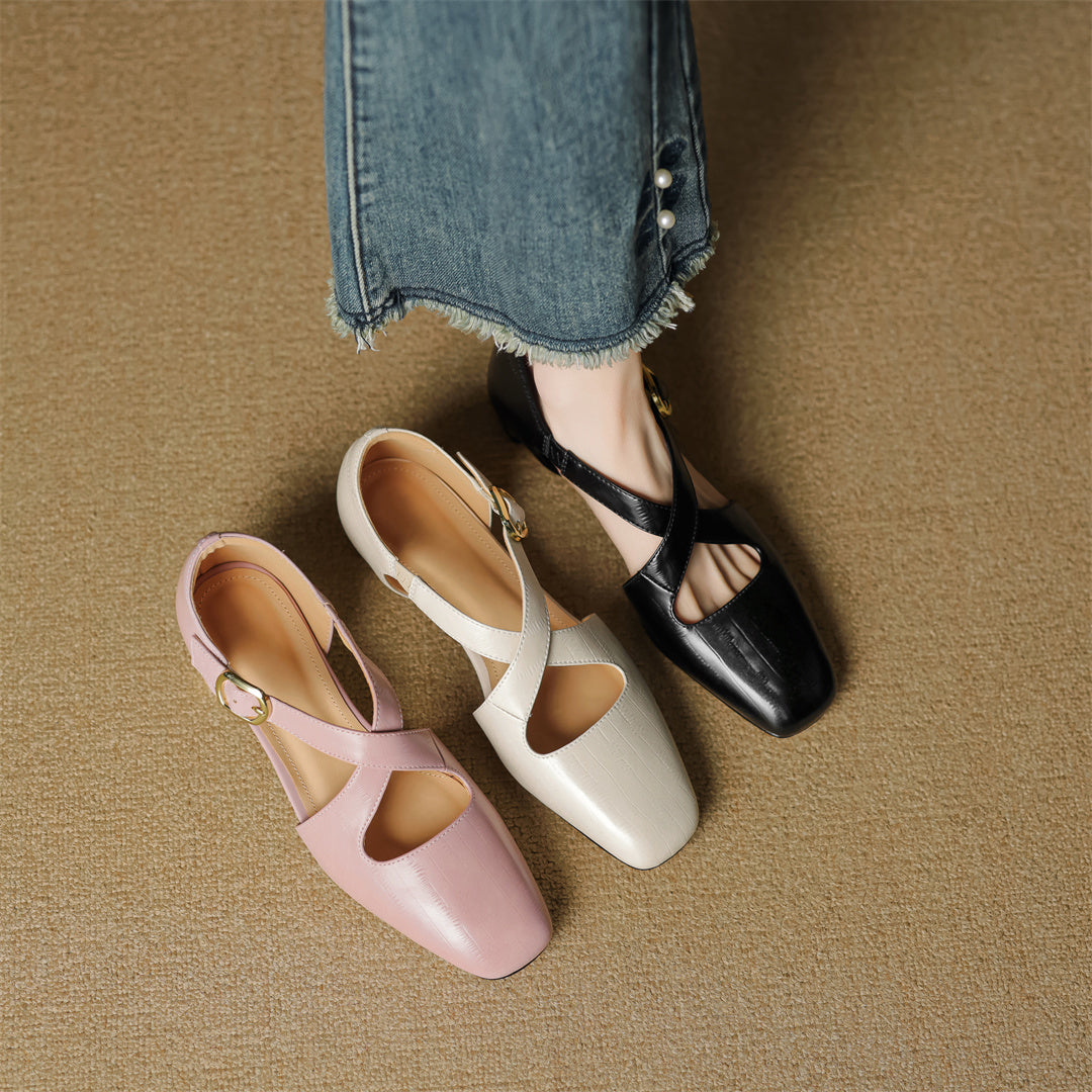 Rela Genuine Leather Cross-Strap Pumps