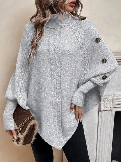 Alexis | High Neck Batwing Poncho Sweater, Asymmetrical Cable Knit Pullover