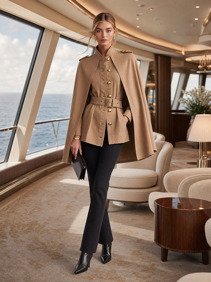 Women's Khaki Cape Jacket Belted Military Stand Collar Cape Coat