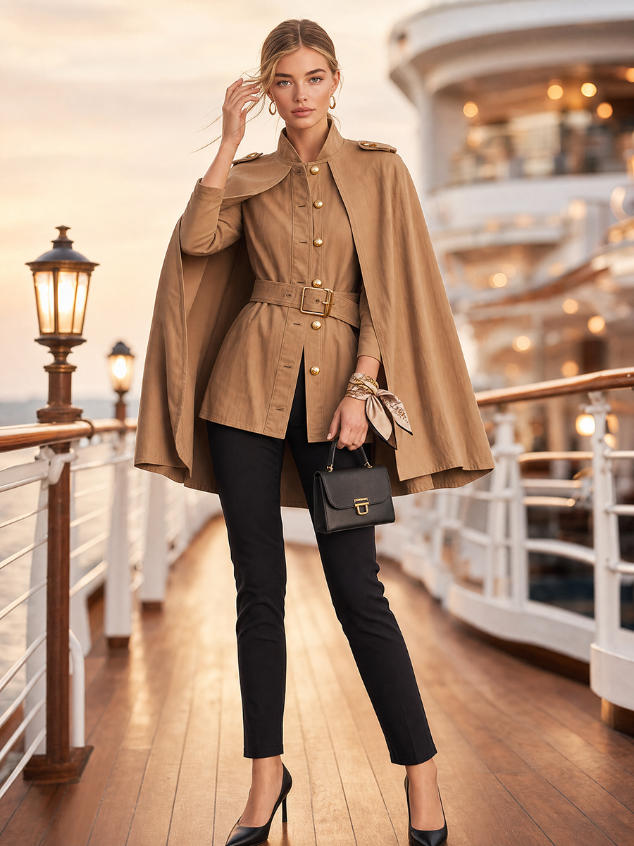 Women's Khaki Cape Jacket Belted Military Stand Collar Cape Coat