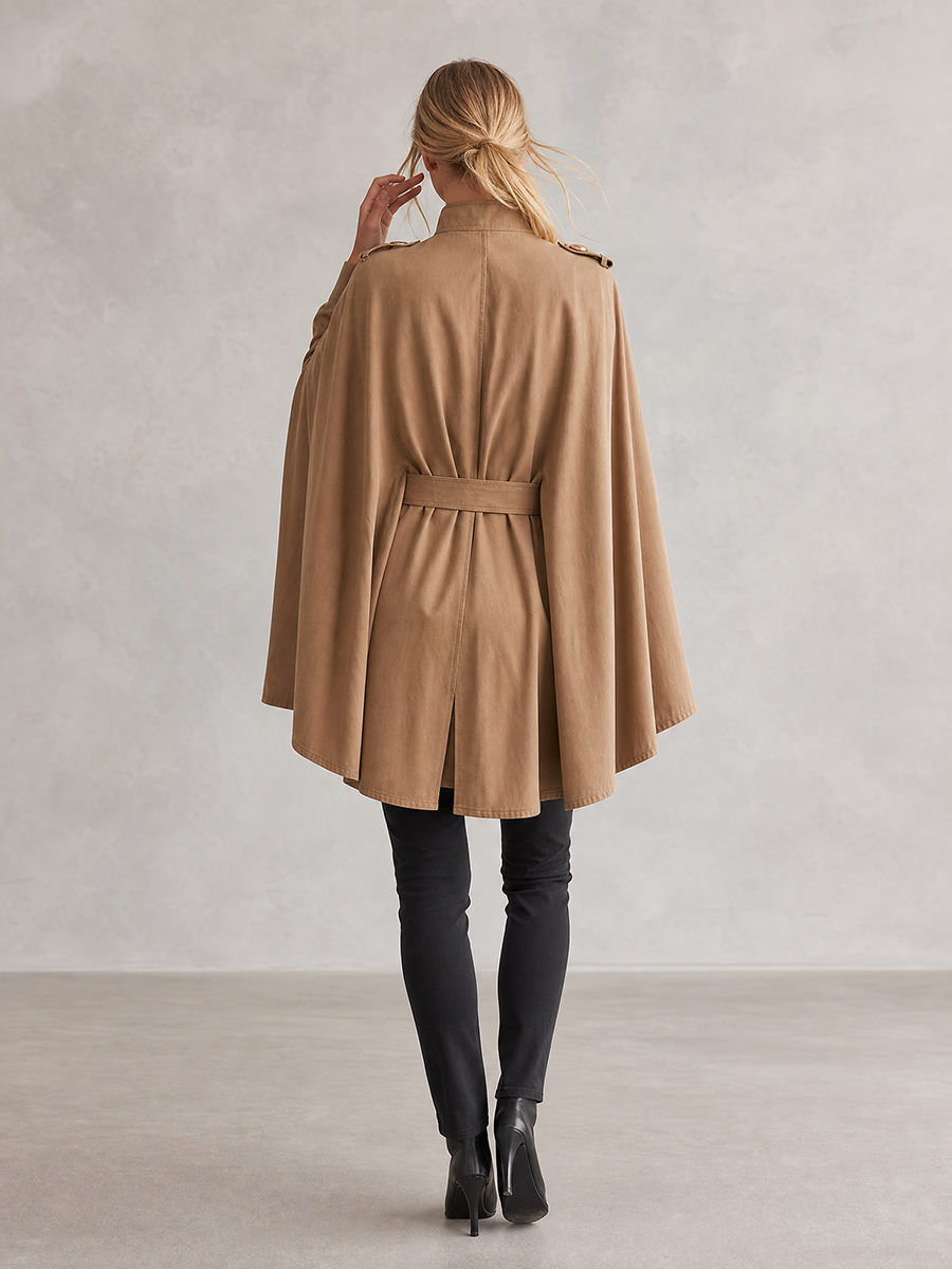 Women's Khaki Cape Jacket Belted Military Stand Collar Cape Coat
