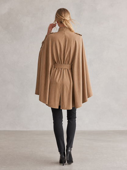 Women's Khaki Cape Jacket Belted Military Stand Collar Cape Coat