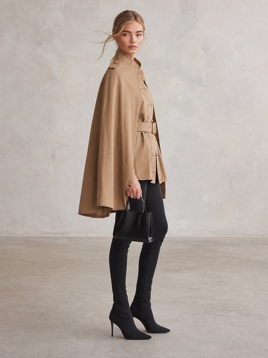 Women's Khaki Cape Jacket Belted Military Stand Collar Cape Coat