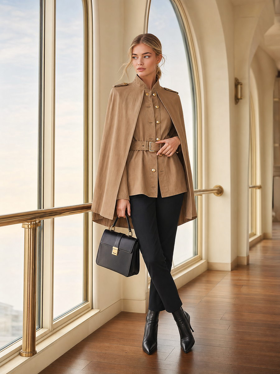 Women's Khaki Cape Jacket Belted Military Stand Collar Cape Coat