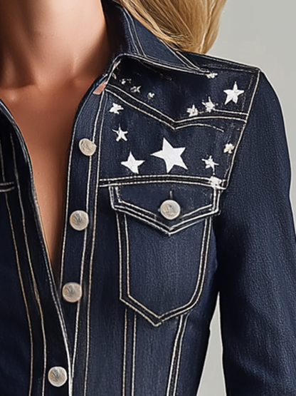 Women's Dark Blue Denim Jacket Star Embroidery Fitted Western Shirt