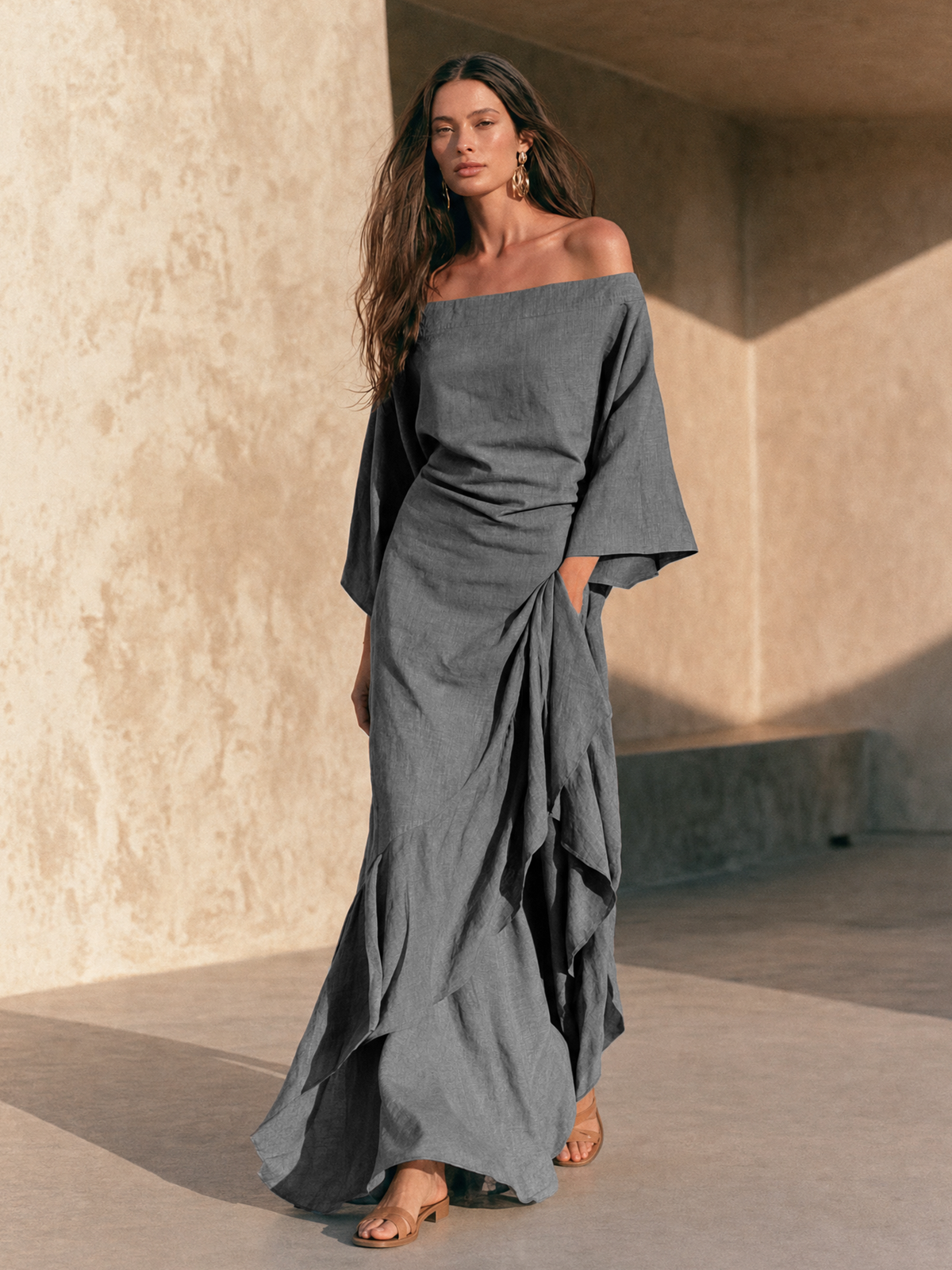Hazel | Off-Shoulder Ruffle Hem Maxi Dress