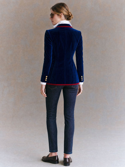 Casual Retro Color-blocked Royal Blue Velvet Blazer