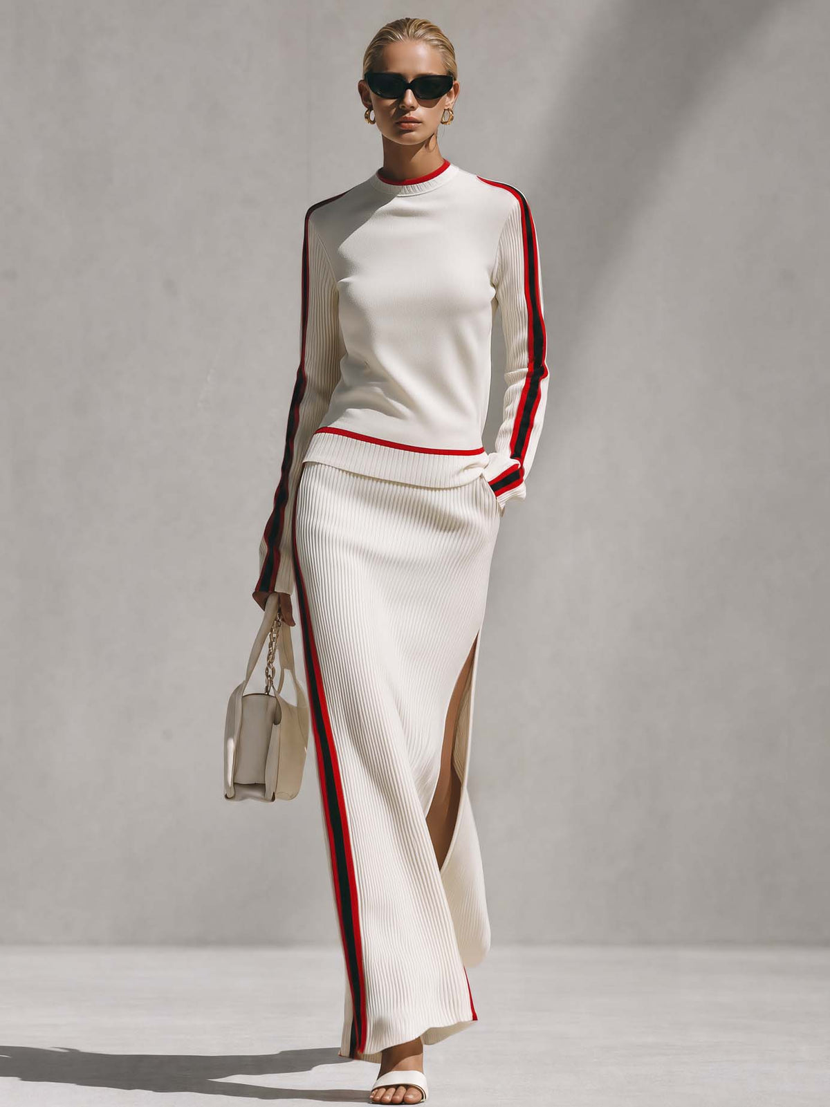 Elegant Retro Red Trim Cream Knit Top And Slit Maxi Skirt Set
