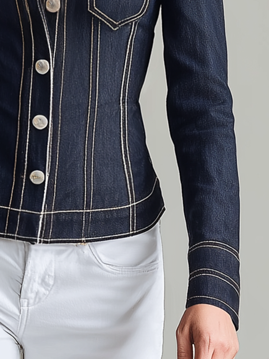 Women's Dark Blue Denim Jacket Star Embroidery Fitted Western Shirt
