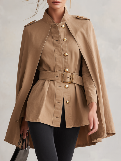 Women's Khaki Cape Jacket Belted Military Stand Collar Cape Coat