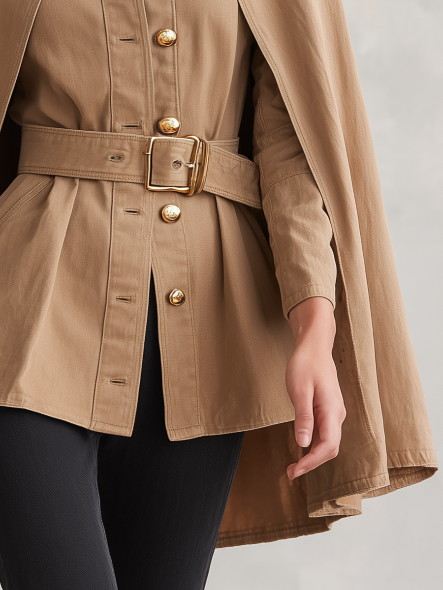 Women's Khaki Cape Jacket Belted Military Stand Collar Cape Coat