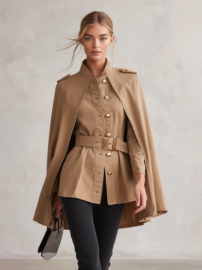 Women's Khaki Cape Jacket Belted Military Stand Collar Cape Coat